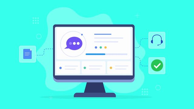 Modern flat vector animation of a desktop monitor displaying a customer support interface with chat, headset, document, and confirmation icons for digital service concepts.