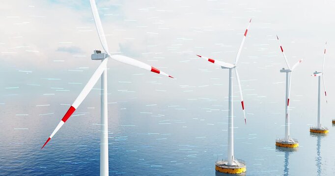 3D animation of offshore wind turbines generating green energy. Sustainable energy related 3d animation.