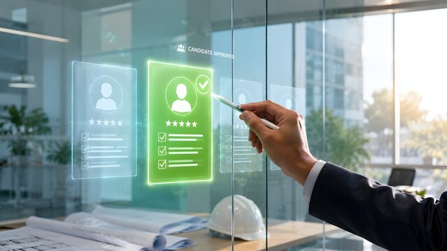 Engineering manager using stylus on transparent holographic screen to approve job candidate profile with blueprints and hard hat on desk