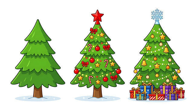 Christmas tree collection with ornaments and gifts, festive evergreen pine set, decorated holiday trees with star and snowflake toppers