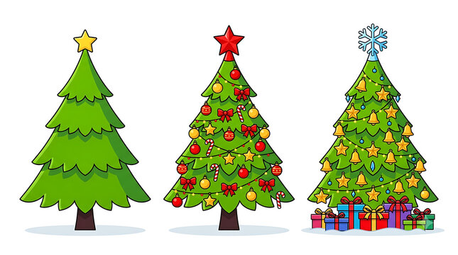 Christmas tree collection with ornaments and gifts, festive evergreen holiday set, decorated winter fir trees with stars and snowflakes