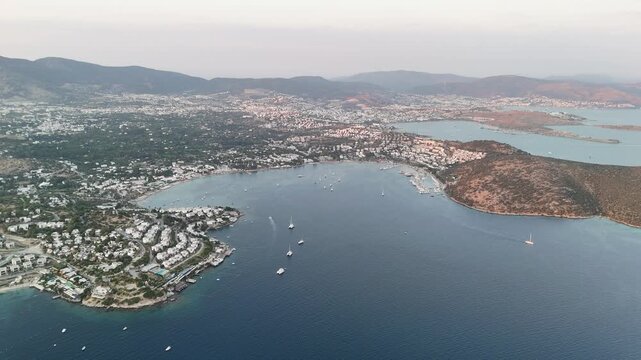 Aerial Drone Flyover Bodrum Bay Coastline Turkey 4K