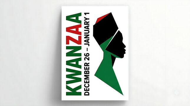 Kwanzaa holiday poster with African woman silhouette. Cultural celebration flyer for December 26 to January 1. Pan-African colors graphic.