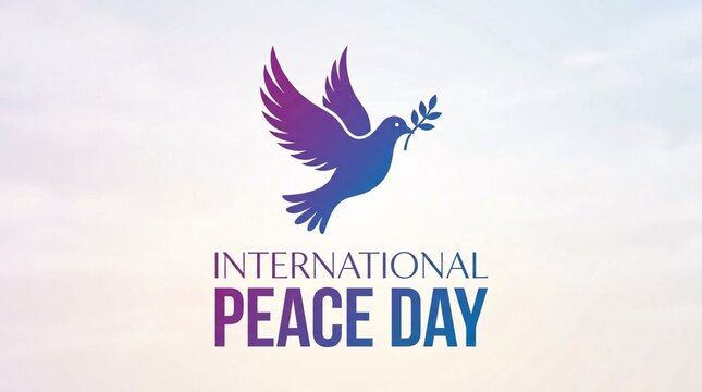 International peace day poster with a dove holding an olive branch on a gradient background