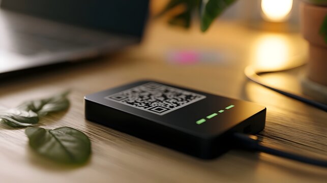 A sleek black QR code reader rests on a wooden surface under warm lighting  featuring glowing green status indicators