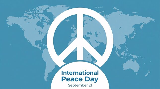 International peace day poster with a white peace sign on a blue world map background