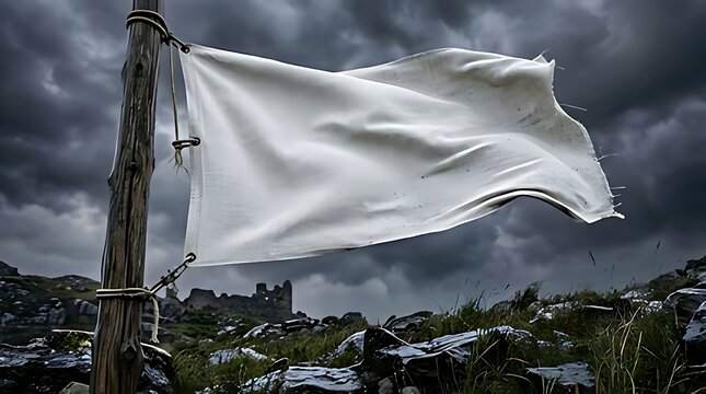 A solitary white flag waving on a wooden pole against a dramatic stormy sky