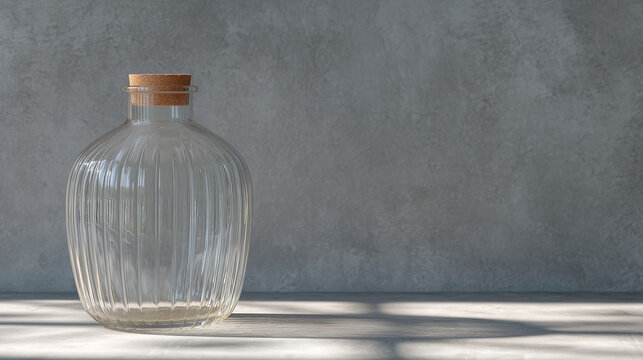 Transparent rib‑patterned glass carboy resting atop a concrete floor, minimalist vessel aesthetic