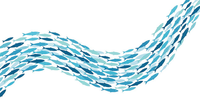 Minimalist school of fish illustration, blue aquatic wave pattern on white background, stylized marine life swimming in unison