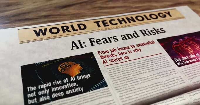 Fears and risks of AI daily newspaper on table. Headlines news abstract concept 3d.