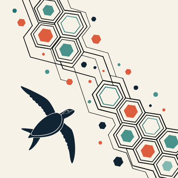 Retro vector graphic of a sea turtle swimming past abstract technological hexagonal lines