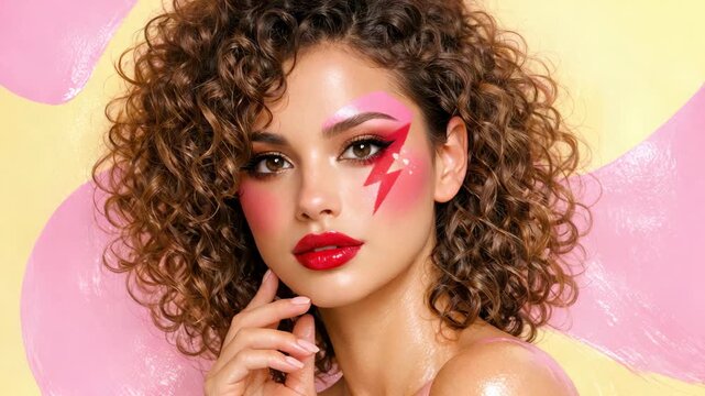 Curly brown hair frames a bold makeup look. Pink lightning streaks her cheek, vivid and striking. Red lipstick glows against soft, glowing skin. Hand gently touches her cheek, poised and elegant