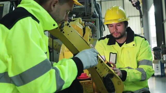 Two robotics engineering technicians inspect spare parts repair and maintain robotic arms perform electric welding in the workshop and troubleshoot and restore the robots normal working condition.