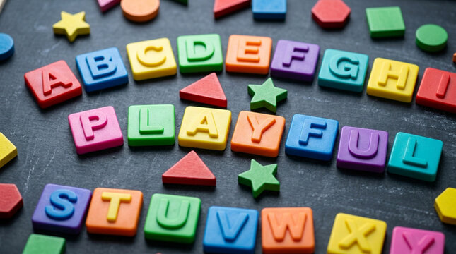 Colorful Alphabet Blocks Spell "Playful" on Blackboard - Early Education Concept