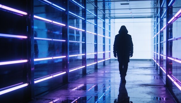 Walking hooded coat figure moving toward bright exit in glass corridor with LED strips, wet floor