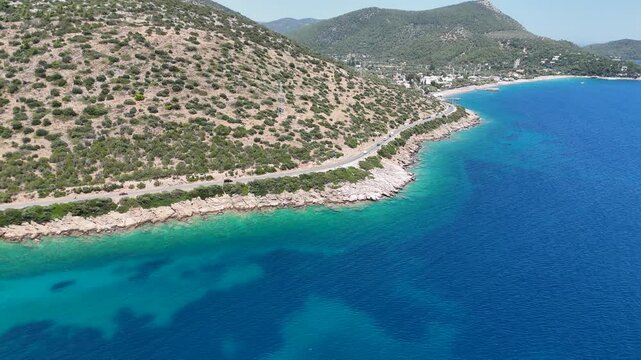 Aerial Flyover Rocky Coastline Road Bodrum Turkey Turquoise Sea