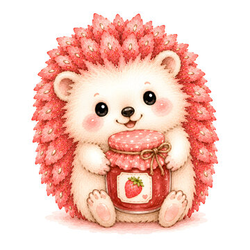 Cute strawberry hedgehog watercolor clipart with sweet berries, soft pastel colors, and charming cottagecore style.
