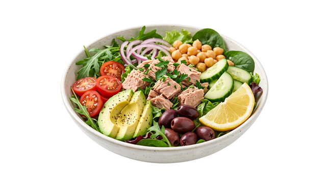 Fresh tuna salad bowl with avocado, chickpeas and vegetables. Healthy mediterranean tuna poke bowl isolated on white background.