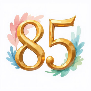 Illustration of 85 in shiny golden balloons, adorned with soft pink, blue, and green leaves, perfect for an 85th birthday card on a clean white background.
