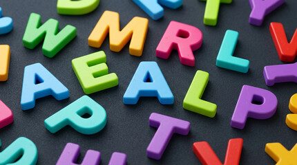 Fototapeta premium Colorful Alphabet Letters Scattered on Black Background
