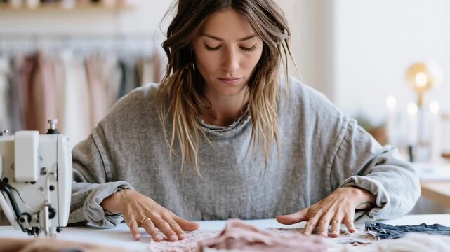 Focused seamstress works carefully at her sewing machine. Soft lighting highlights her calm, concentrated expression. Fabric lies gently before her as she prepares to stitch