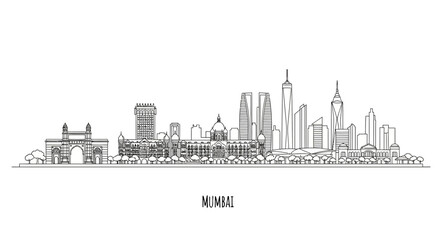 Obraz premium Mumbai Skyline Outline - Famous Landmarks & Cityscape, Black and White Line Art
