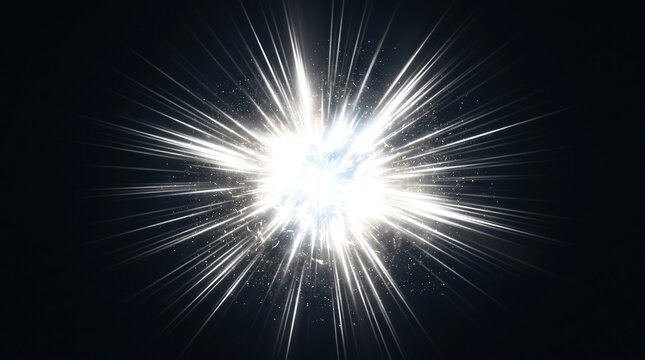 Luminous White Light Burst Energy Flash and Shining Starburst Effect on Black Background