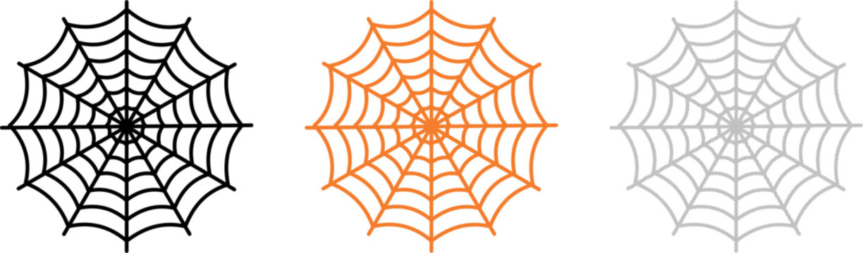 Set of three spider webs in different colors, black and orange cobwebs for halloween decoration, vector illustration