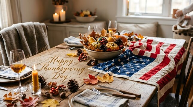 Festive thanksgiving table setting with american flag runner and autumnal centerpiece