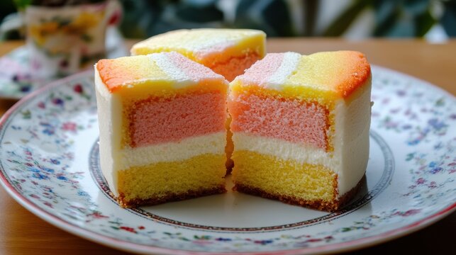 Battenberg cake slices with colorful layers on a floral plate