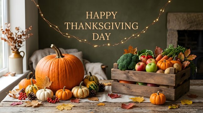 Festive thanksgiving still life with pumpkins harvest vegetables and cozy autumn decorations