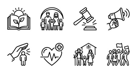 Fototapeta premium Social Justice Icons: Human Rights, Family, Law, Activism, Health, Education, Community