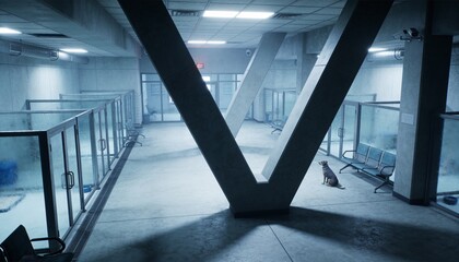 Fototapeta premium Sitting lonely brown dog occupying right third of kennel room, with V-shaped column, copy space