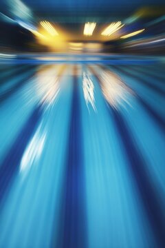 Blurred blue swimming pool lanes with yellow lights