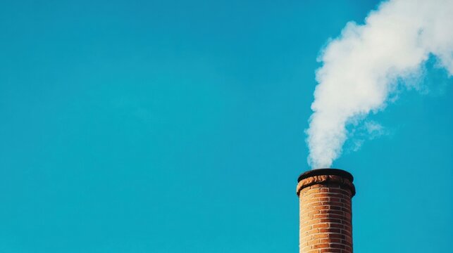 Brick chimney emitting white smoke against a clear blue sky