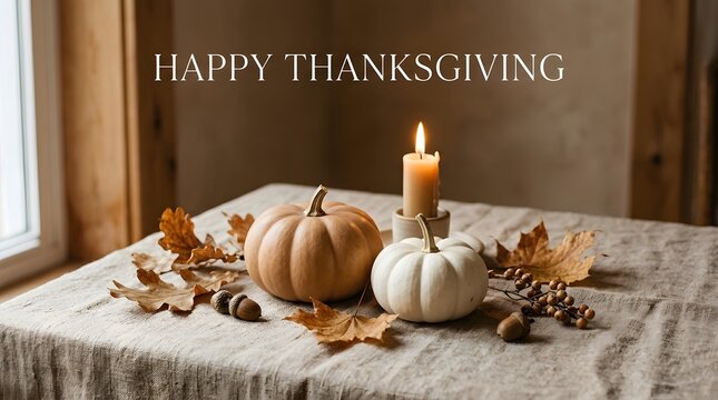 Warm thanksgiving still life with pumpkins candle and autumn foliage