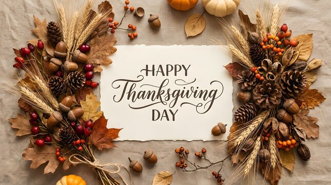 Festive thanksgiving day greeting with autumnal accents and natural elements