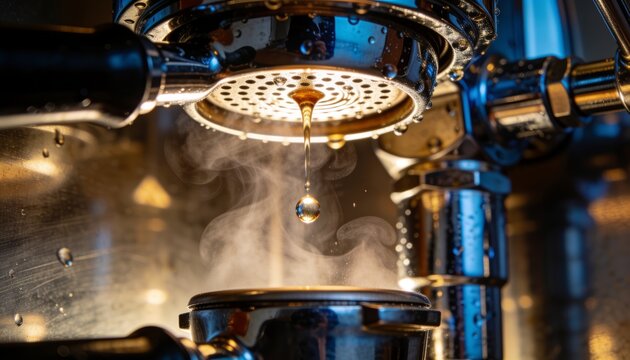 Showing chrome espresso group head releasing droplet into portafilter at coffee bar, steam rising