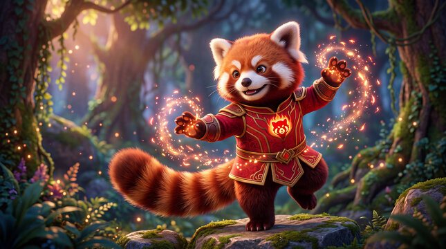 Cute Red Panda Superhero Controlling Glowing Fire Magic Particles in Enchanted Forest
