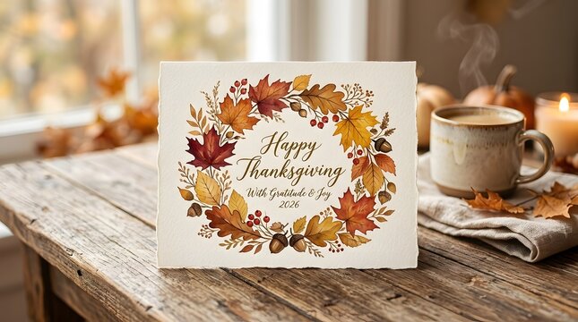 Thanksgiving card with fall foliage and coffee cozy autumnal still life scene