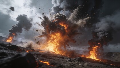 Fototapeta premium Erupting volcanic vent sending tall lava fountains across rocky plain, with glowing fissures