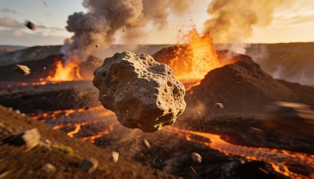 Hovering porous pyroclast ejecting glowing embers over volcanic crater rim, with lava fountains