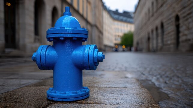 Bright Blue Fire Hydrant on Historic European Cobblestone Street
