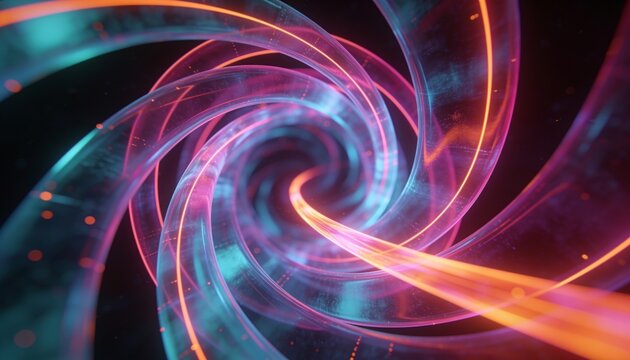 Rotating neon translucent spiral tunnel drawing eye inward in dark void, with orange light trail