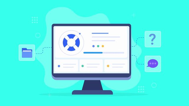 Modern flat vector animation of a desktop monitor displaying a customer support interface with help, chat, document, and service icons for digital business concepts.