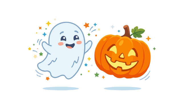 Cute cartoon ghost and jack-o'-lantern smiling and celebrating. A cheerful ghost dances next to a happy carved pumpkin, surrounded by colorful stars and confetti