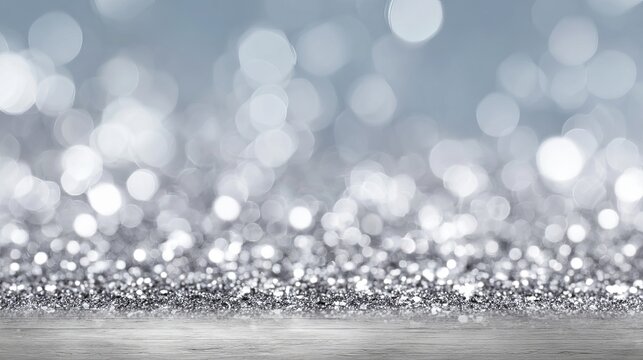 Sparkling silver glitter texture overlaying wooden surface background with glowing white bokeh lights creating festive atmosphere for holiday celebration design