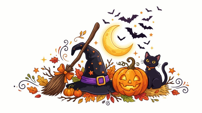 A whimsical Halloween arrangement featuring a witch's hat, a pumpkin, a black cat, and flying bats under a crescent moon