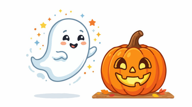 A cute cartoon ghost floating next to a smiling jack-o'-lantern on a brown surface with colorful leaves around