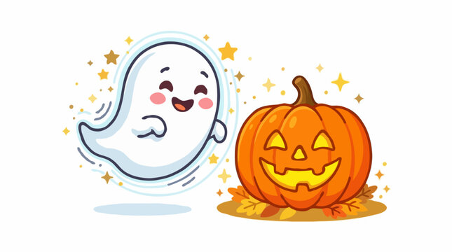 A cute, happy ghost floating beside a carved jack-o'-lantern surrounded by autumn leaves and sparkling stars